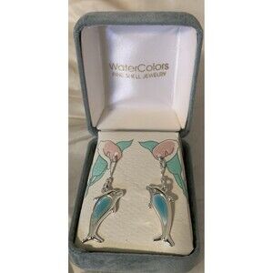 Watercolors Dolphin Earrings Blue Shell Beach Silver Tone Dangle Drop New